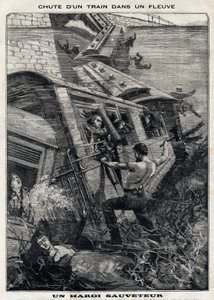 New York Buffalo-toget falder i en flod i USA: en mand forsøger at redde passagerer med risiko for at drukne. I "" Le Peute Parisien"" den 7/11/1897. Privat samling af French School