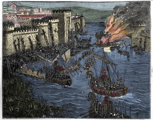 Normannerne, ledet af Rollo, belejrede Paris i 885, illustration fra Frankrig og franskmændene gennem århundredet, 1884 af French School