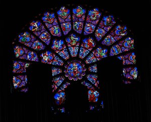 North Rose-vinduet, der viser stjernetegnene, lasterne og dyderne og de 12 apostle af French School