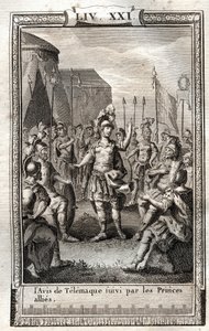 Meddelelsen om Telemaque efterfulgt af de allierede prinser - indgravering af 1798 efter Monnet i "Les Aventures de Telemaque, fils d