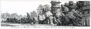 Pagoden, moskeen og Alhambra eller det mauriske tempel i Kew, fra Jardins Anglo-Chinois a la Mode, af George Louis le Rouge, udgivet 1775-78 af French School
