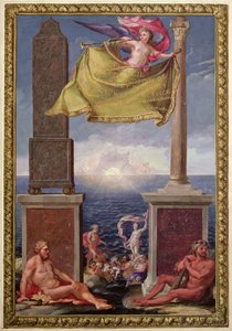 The Pillars of Hercules, frontispice af en samling af kort over Catalonien og De Baleariske Øer af Pene, 1680 (farvegravering) af French School