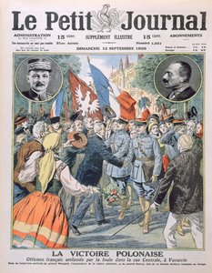 Den polske sejr, franske officerer hyldes af mængden i Central Street i Warszawa, forsideillustration af Le Petit Journal, 12. september 1920 af French School