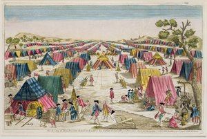 Den preussiske hærlejr, tegnet fra livet på markerne i Pommern, indgraveret af Vale, ca. 1750 (håndfarvet gravering) af French School