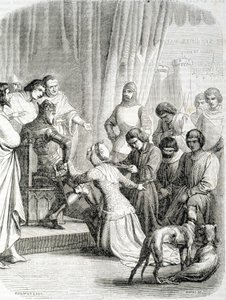 Dronningen af England (Philippa de Hainaut) beder tak til sin mand Edward III for indbyggerne i Calais (afsnit af de 6 borgerlige i Calais) af French School