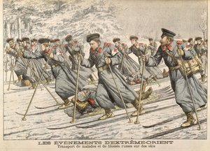 Røde Kors transporterer sårede russere på ski under den russisk-japanske krig (1904-05) fra Le Petit Journal, ca. 1904 af French School