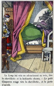 Rødhætten kommer ind i rummet, hvor ulven indtog sin bedstemors plads - i "Den Rødhætte", red. Pellerin, Epinal, n.d. 19. af French School
