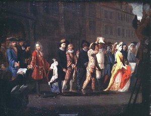 Comediens tilbagevenden efter undertrykkelsen af Comedie Italienne, 1697 af French School