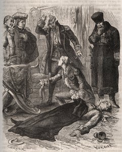 Den russiske kejser Peter III (1728-1762), der fik tildelt en bolig, blev myrdet efter ordre fra sin kone Catherine II, som netop havde væltet ham og overtaget magten, af Alexei Orlov (1737-1808) og hans vagter den 17. juli 1762. Stik fra 1871 i “Histoire  af French School