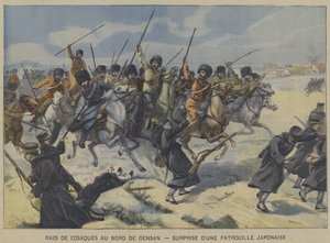 Den russisk-japanske krig: kosakker overrasker en japansk patrulje i et raid nord for Gensan, Korea (farve litho) af French School