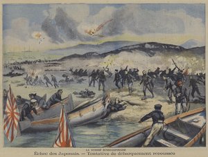 Den russisk-japanske krig: et forsøg på landing af japanske tropper afvises (farve litho) af French School