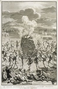 The Sacrifice to Quitchi-Manitou, eller The Great Spirit, af canadierne, illustration fra religiøse ceremonier og skikke, indgraveret af Bernard Picart (1673-1733) 1723 af French School