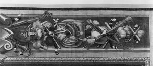 The Seasons gobelin, border, musikinstrumenter, ca. 1670, Gobelins Factory (detaljer) af French School