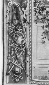 The Seasons gobelin, border, musikinstrumenter, ca. 1670, Gobelins Factory (detaljer) af French School
