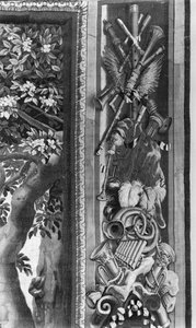 The Seasons gobelin, border, musikinstrumenter, ca. 1670, Gobelins Factory (detaljer) af French School