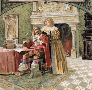 Sire of Beringhen og Madame du Fargis planlagde mod Richelieu (Armand Jean du Plessis, kardinal af Richelieu (1585-1642), minister for Ludvig XIII, på Chateau of Azay-le-Rideau (Azay le Rideau) (Indre-et- Loire). Kromolitografi af slutningen af det 19 af French School