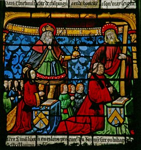 St. Louis-vinduet: Donorerne Henriette de Mauroy & Simon Liboron kan ses sammen med deres skytshelgener St. Henry og Simon af Cyrene af French School