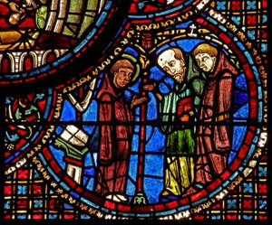 St Lubin-vinduet: hans meditationer bliver afbrudt af to munke (w45) af French School
