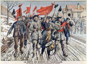 Minearbejdernes strejke i Pas-de-Calais, de strejkendes procession i minelandsbyen, fra Le Petit Journal, 1. april 1906 (farvegravering) af French School