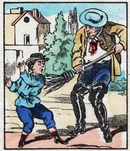 Fejemaskinen. Indgravering i "" La chanson des metier"". Epinal billeddannelse, slutningen af det 19. århundrede. Privat samling af French School