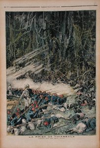 The Take of Thiassale, the Battle in the Virgin Rain Forest, illustration fra Le Petit Journal, 26. august 1893 af French School