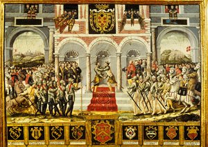 Cateau-Cambresis-traktaten og omfavnelsen af Henri II (1519-59) af Frankrig og Filip II (1527-98) af Spanien, 2.-3. april 1559 af French School
