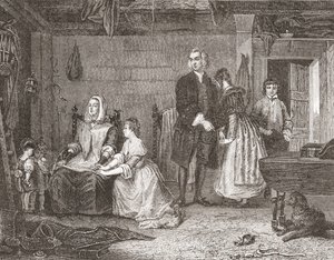 Præsten fra Wakefield forsoner sin kone med Olivia efter maleriet af Gilbert Stuart Newton. Fra Histoire des Peintres, École Anglaise, udgivet 1867 (litho) af French School