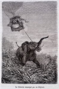 Victoria trukket af en elefant - i "Fem uger i ballon", roman af Jules Verne af French School