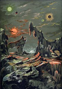 The World of Four Moons and Four Suns, illustration fra Astronomie Populaire skrevet af Camille Flammarion (1842-1925) 1881 af French School