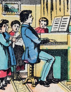 Aktiviteterne for piger fra gode familier: læring af musik - Epinalt billede - 1800-tallet (gravering) af French School