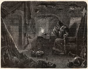Alkymisten, der har lovet at lave guld, arbejder i sit laboratorium: Alkymisten i det 17. århundrede - i "Paris a travers les cules"" af Nicolas Jules Henri Gourdon de Kennouillac (1826-1898) af French School