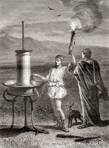 Det antikke græske hydrauliske semaforsystem, der blev brugt af Aeneas til at sende en besked, 4. århundrede f.Kr., fra Les Merveilles de la Science, udgivet ca. 1870 (gravering) af French School