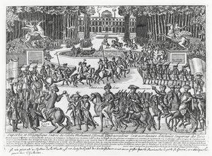 Ankomsten af Mehmed Celebi Efendi, ambassadør for Sultan Ahmed III af Tyrkiet, til Tuilerierne for at blive modtaget af Ludvig XV i 1721 (gravering) af French School