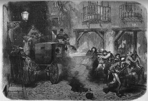 Mordet på Juan Prim y Prats (1814-1870), spansk general og politiker, ved hans udgang fra Cortes, på gaden del Turco i Madrid den 28. december 1870. Indgravering i "" Le Monde Illustré"" n°724 af 25 februar 1871. af French School