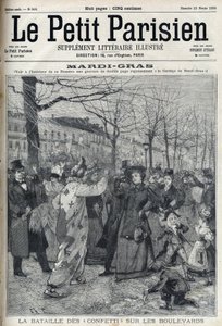 Slaget om konfetti på den parisiske boulevard under Mardi Gras (Mardi-Gras). Gravering i "Le petit Parisien"" af French School