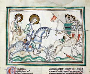 Kampen med dragen har syv hoveder: riddere kæmper mod en drage med flere hoveder, med spyd, der inkarnerer de syv konger. Miniature taget fra "The Apocalypse of Cambrai"" oplyst af den franske skole i det 13. århundrede. Frk. 422. Kommunebibliotekar af French School