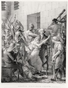 Elisabeth Cazottes tapperhed, der beskytter sin far mod pøbelen (gravering) af French School