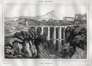 Broen har dobbelte arkader - CIVITA CASTELLANA - Provinsen Viterbo - Italien - Indgravering fra "" Italy Picturesque" - Historisk og beskrivende maleri af Italien"" af M. de Norvins, Ch. Nodier 1834-1836. af French School