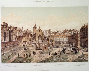 De uskyldiges kirke og kirkegård i 1550 - i "Paris a travers les ages", slutningen af det 19. århundrede. af French School