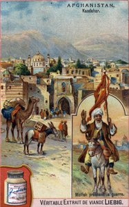 Byen Kandahar i Afghanistan med Mullah, der prædiker krig. Reklamekromolitografi fra det 19. århundrede. af French School