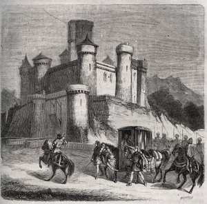 Cortegen i Rigonde (Rigonthe) (omkring 569-efter 589) forlader Paris for at gå til sin forlovede, prins Recarede. Indgravering fra 1871 i "Histoire Des Cocus Celebres"" af Henry de Kock (1819-1892). af French School