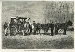 Kurset eller flid på præriernes hest, tegning af A.Dupuis, for at illustrere historien om en udflugt til Canada og den nordlige røde flod, i 1873, af H. de Lamotte. Indgravering i Le tour du monde af French School