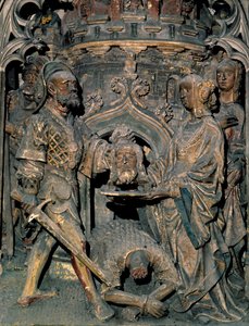 Johannes Døberens død Johannes Døberens hoved er placeret på et plateau, som Salome præsenterer for sin mor. Udskåret relief af Cathedrale Notre-Dame d
