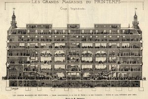 Varehusene i Printemps i 1889, længdesnit, fra Rue du Havre til Rue Caumartin, tegning af Berteault, Bianchetti-samling. af French School