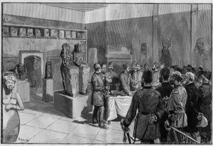 Depoument af Mumien af Sesostris (Rhamses II) på Musee de Boulaq (Kairo, Egypten) af Gaston Maspero i nærværelse af khedive Tewfik. Indgravering i "The Illustrous World"" 1886. af French School