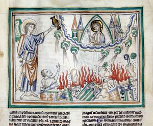 Ødelæggelsen af Babylon Miniature taget fra "The Apocalypse of Cambrai"" oplyst af den franske skole i det 13. århundrede. Fru 422. Kommunebibliotek, Cambrai af French School