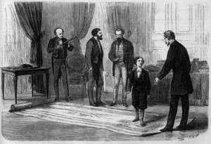 Ingeniøren Boutet præsenterede sin plan for en jernbanebro mellem Frankrig og England for kejser Napoleon III (1808-1873), i nærværelse af hans søn Prince Imperial (1856-1879) af French School