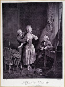Essayet om korsettet (to mænd og en kvinde med strippede bryster) - 18. gravering. af French School