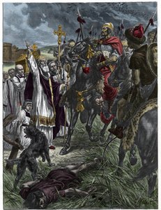 Den eveque Saint Loup af Troyes arreterer Attila konge af Hunnerne før Troyes - Barbarian invasioner - Gravering efter maleriet af H. Grobert. af French School