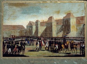 Afskeden med Napoleon Bonaparte (1769-1821) har den kejserlige vagt i gården til Cheval Blanc i Fontainebleau den 20/04/1814. Anonymt maleri. 1814 Aix Island, Napoleons museum af French School
